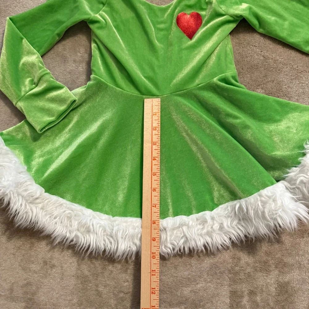 Green Velvet Christmas Dress Faux Fur Trim Red Heart Holiday Costume Kids